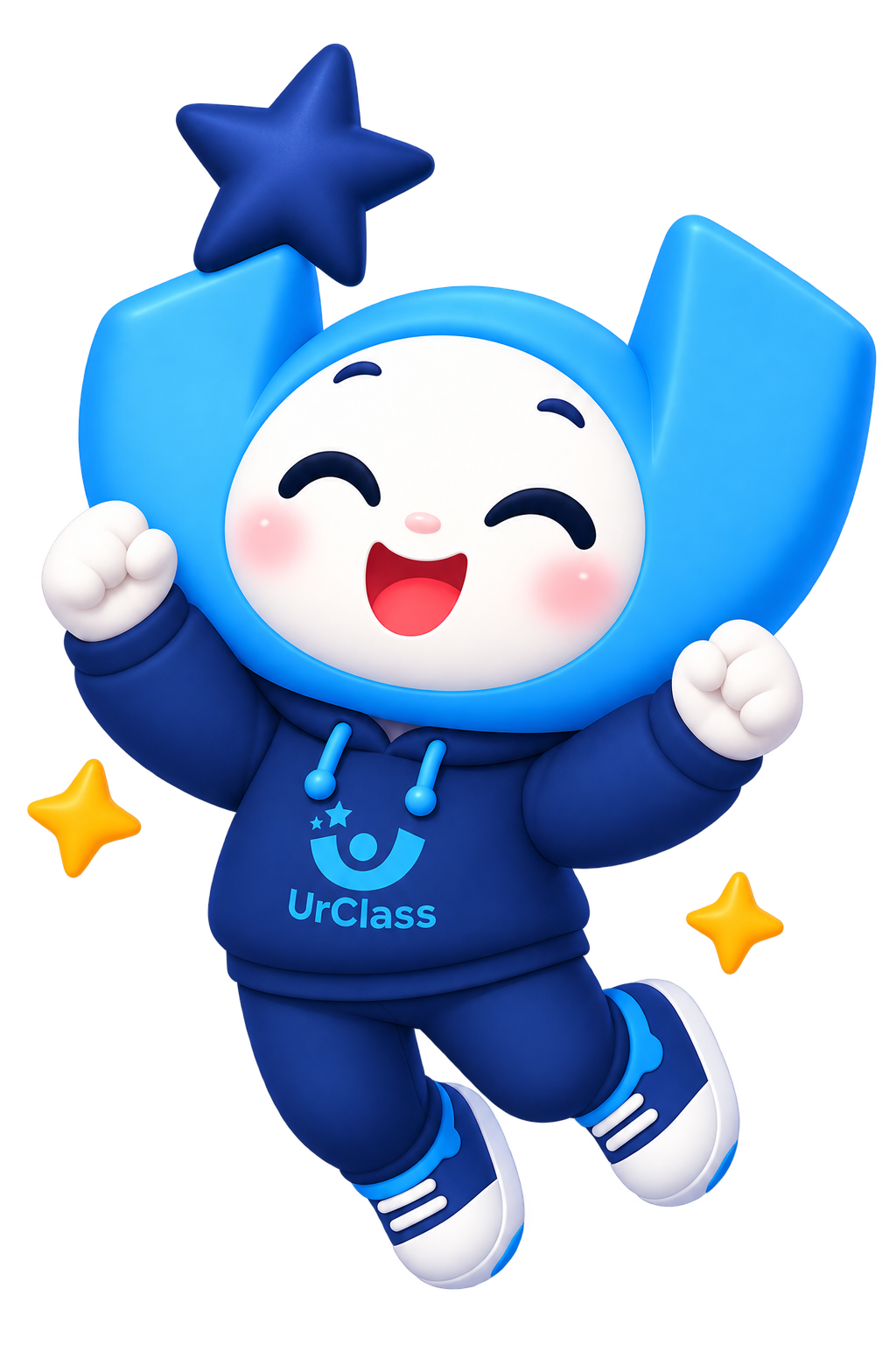 Maskot UrClass bersorak gembira siap membantu pertanyaan belajar